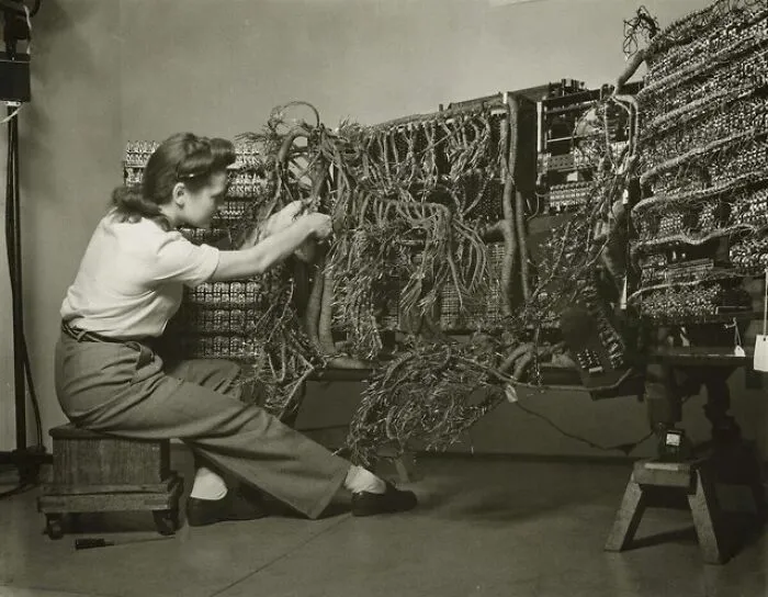 A Photo Of An Engineer Wiring An Early Ibm Computer, 1958 By Berenice Abbott