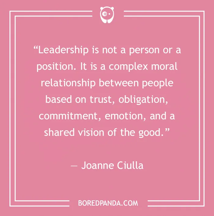 Pink background with a leadership quote by Joanne Ciulla emphasizing trust and commitment.