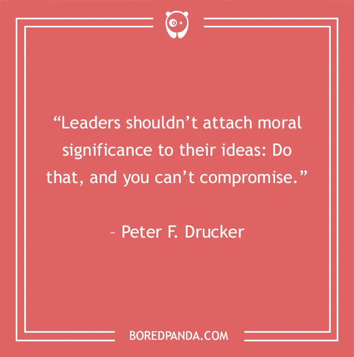 Quote by Peter F. Drucker on leadership principles in a red frame.