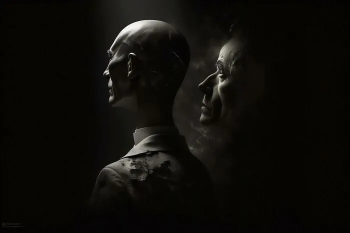 The Duality Of Science: Show The Conflicting Emotions Of Oppenheimer, Torn Between His Pursuit Of Scientific Knowledge And The Devastating Consequences Of His Work. Light And Shadow Represent This Inner Conflict