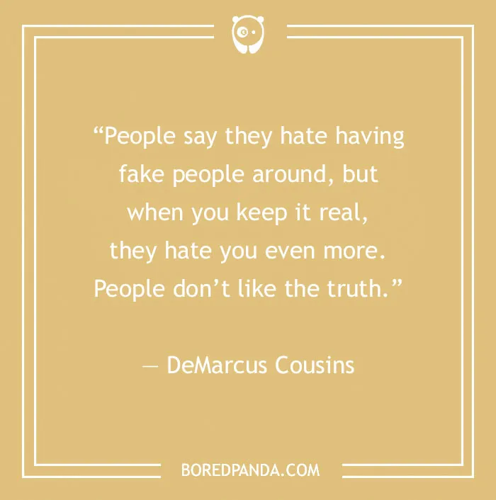 Quote about fake people by DeMarcus Cousins on a beige background.