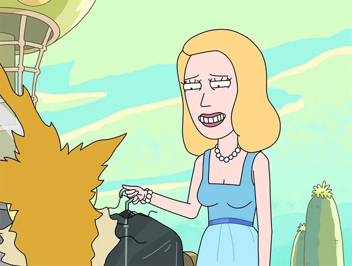 Beth wearing blue dress