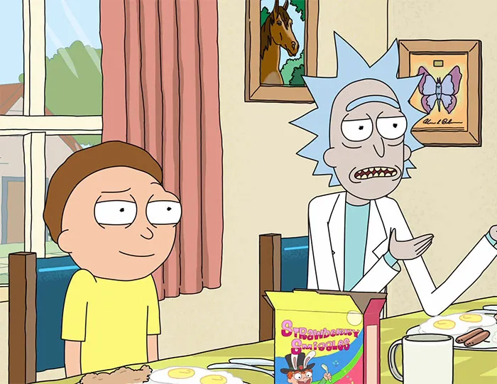 Rick and Morty wearing yellow shirt and white lab coat