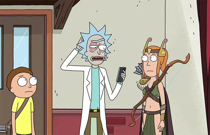 Rick wearing white lab coat, Summer wearing green shirt, Morty wearing yellow shirt