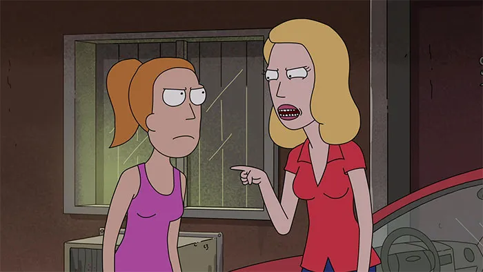 Summer wearing pink shirt, Beth wearing red shirt