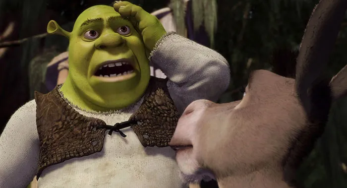 Shrek and Donkey having a conversation in the swamp, featuring famous Shrek quotes from the deep swamp.