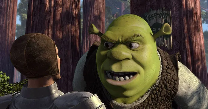 Shrek facing a soldier in the forest, a scene illustrating iconic Shrek quotes from the deep swamp.