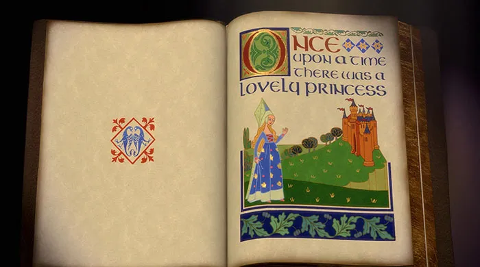 Open storybook from Shrek movie tale featuring an illustrated princess and castle, related to Shrek quotes from the deep swamp.