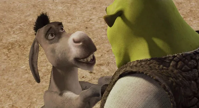 Donkey and Shrek from the deep swamp scene, featuring memorable quotes from the beloved animated film.