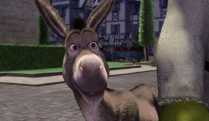 Donkey smiling in a lively town setting, a memorable character from Shrek quotes from the deep swamp.