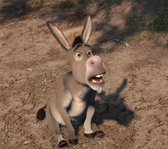 Donkey from Shrek looking confused on a dirt ground, representing popular Shrek quotes from the deep swamp.
