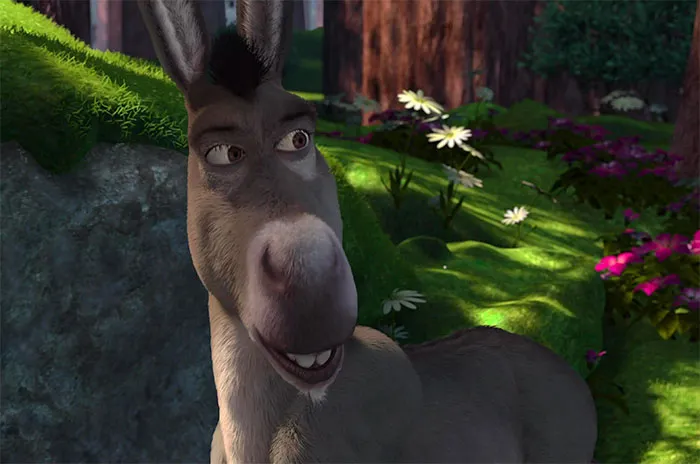 Donkey from Shrek looking curious in a vibrant forest, highlighting memorable quotes from the deep swamp.