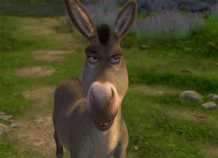 Angry Donkey character from Shrek standing on a forest path, illustrating popular Shrek quotes from the deep swamp.