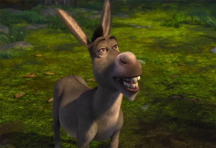 Donkey from Shrek smiling and watching in a lush green swamp, featuring popular Shrek quotes from the deep swamp.