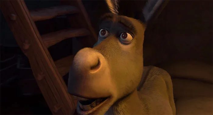Donkey from Shrek looking up with curiosity in a dimly lit swamp setting, capturing iconic Shrek quotes mood.