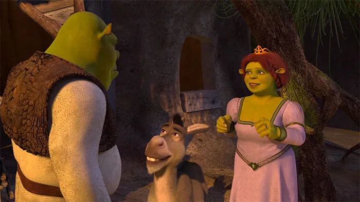 Shrek, Donkey, and Fiona having a lively conversation in the swamp featuring popular Shrek quotes from the deep swamp.