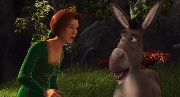 Fiona and Donkey from Shrek animated scene in a swamp, illustrating popular Shrek quotes from the deep swamp.