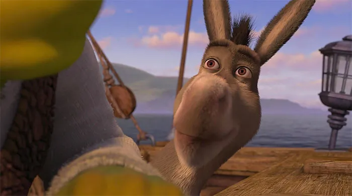 Donkey annoying Shrek on a wooden boat with ocean and sky in the background, capturing a moment from deep swamp quotes.