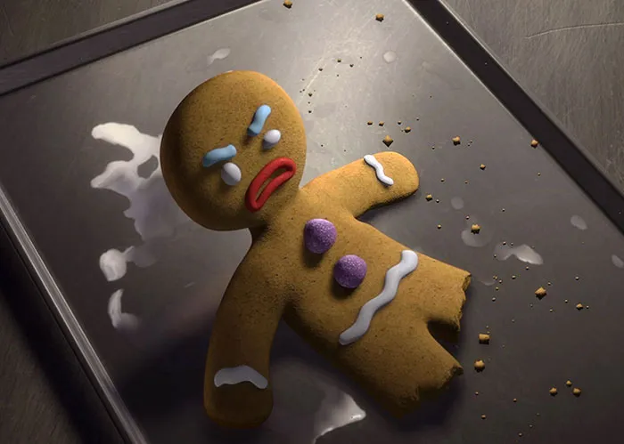 Angry gingerbread man with missing leg on tray, representing iconic characters from deep swamp quotes in Shrek.