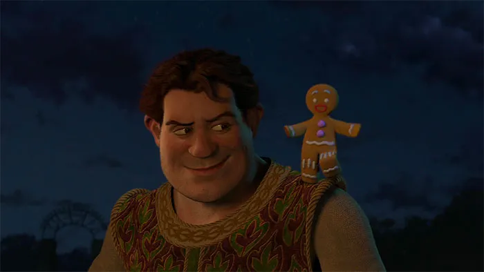 Shrek and Gingerbread Man in a nighttime scene, representing memorable Shrek quotes from the deep swamp.