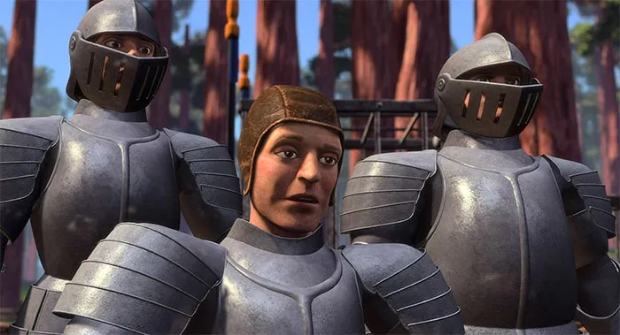 Captain of Guards from Shrek talking in armor with two guards behind him in a deep swamp setting for Shrek quotes.