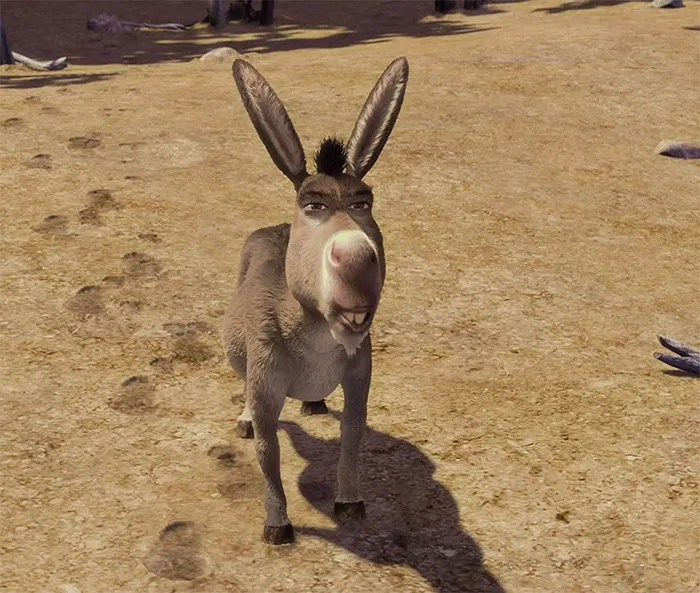 Donkey from Shrek standing on a dirt path, showcasing a memorable character for popular Shrek quotes from the deep swamp.