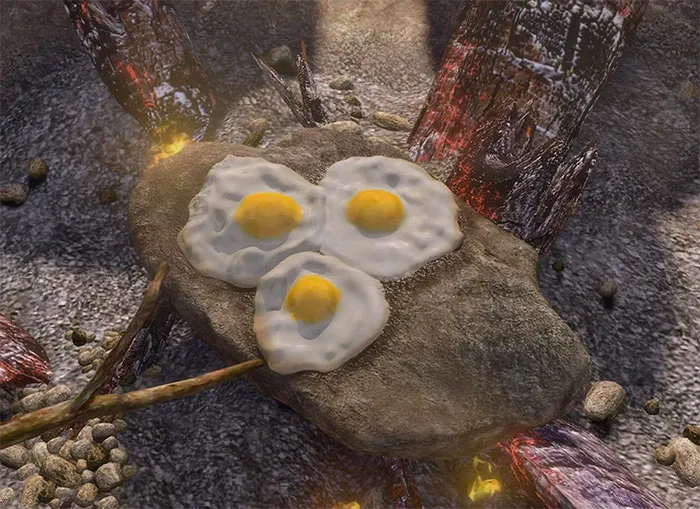 Three fried eggs cooking on a flat stone over a campfire, inspired by Shrek quotes from the deep swamp.