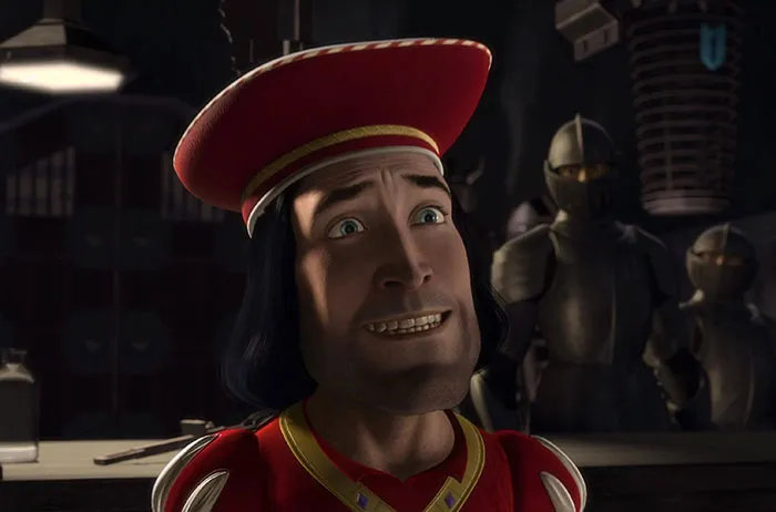 Lord Farquaad from Shrek talking angrily in a dimly lit room with armored knights in the background, swamp quotes context.