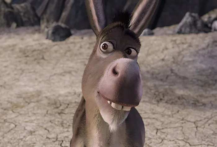 Donkey from Shrek looking puzzled in a swamp setting, representing famous Shrek quotes from the deep swamp.