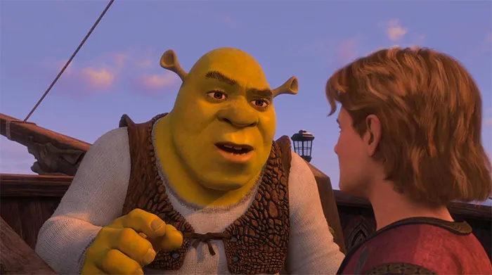 Shrek talking with the prince during sunset, capturing memorable Shrek quotes from the deep swamp scene.