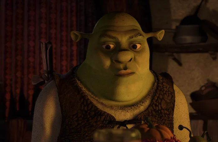 Shrek from the deep swamp thoughtfully looking at food in a dimly lit rustic room scene.