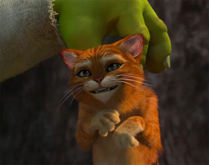 Shrek holding Puss In Boots with a gentle grip, capturing a moment from the deep swamp in Shrek quotes content.
