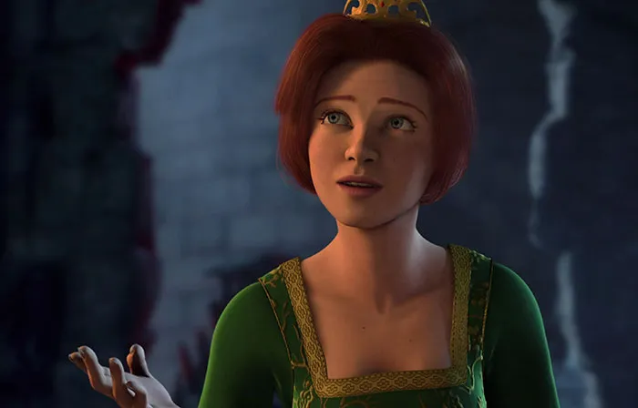 Princess Fiona wearing green dress inside castle, representing characters from Shrek quotes that come from the deep swamp.