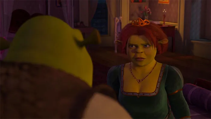 Shrek and Fiona having a serious conversation in a dimly lit room, inspired by deep swamp quotes.