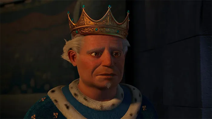 King Harold wearing a golden crown and royal attire, a key character from Shrek quotes about the deep swamp.