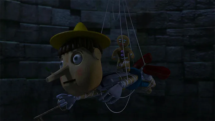 Pinocchio puppet and gingerbread man puppet talking in a dark setting inspired by Shrek quotes from the deep swamp.
