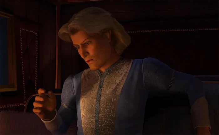 Prince Charming wearing a blue shirt, appearing thoughtful in a dimly lit room, related to Shrek quotes from the deep swamp.