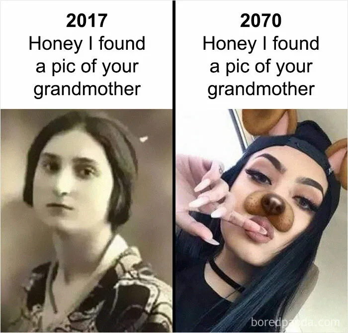 2017 vs. 2070 meme featuring a grandmother with a vintage photo and a modern Snapchat filter.