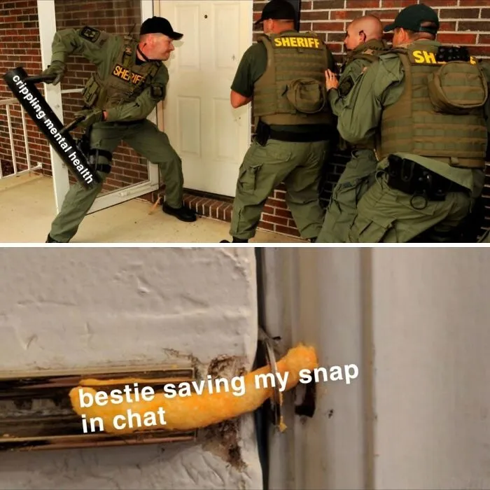 Sheriff team with battering ram and a Cheeto in door hinge, depicting friendship meme humor.