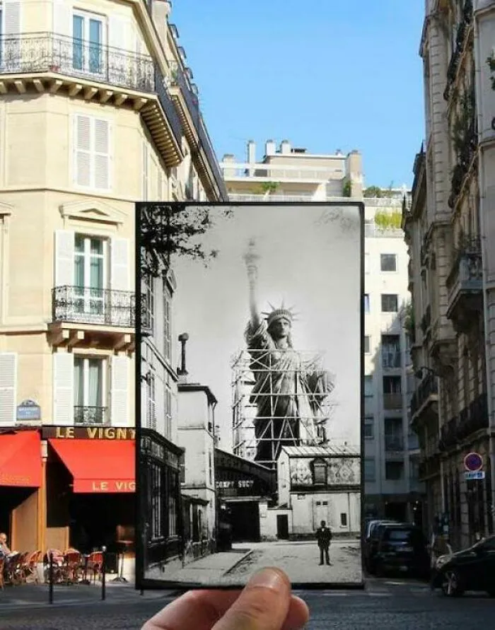 Construcción de la estatua de la libertad en París, 1882 aprox. Composición fotográfica de Julian Knez
