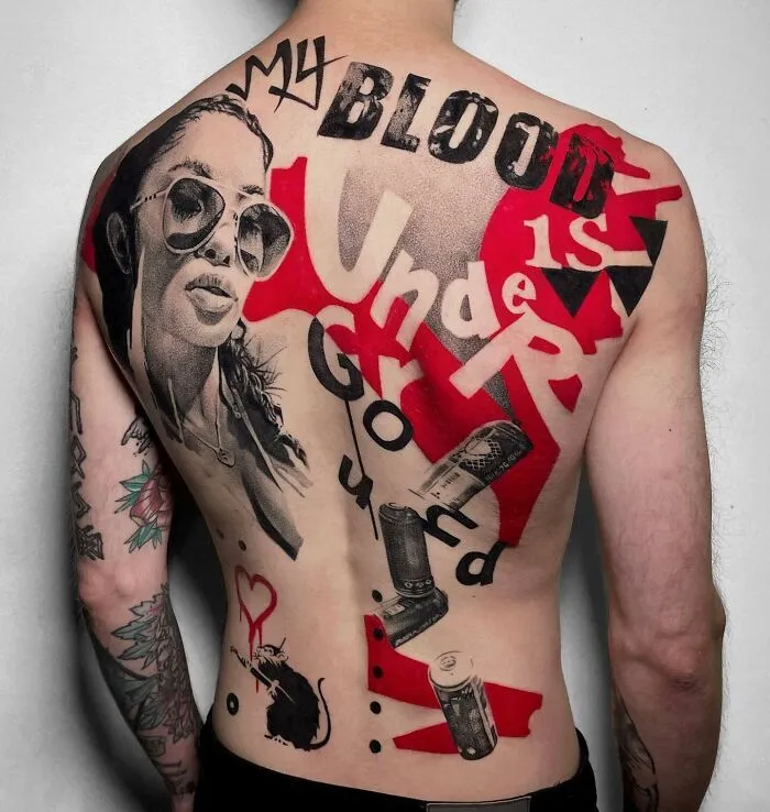 Large Black And Red Ink Back Tattoo