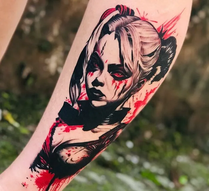 Trash Polka Style Tattoo On Leg