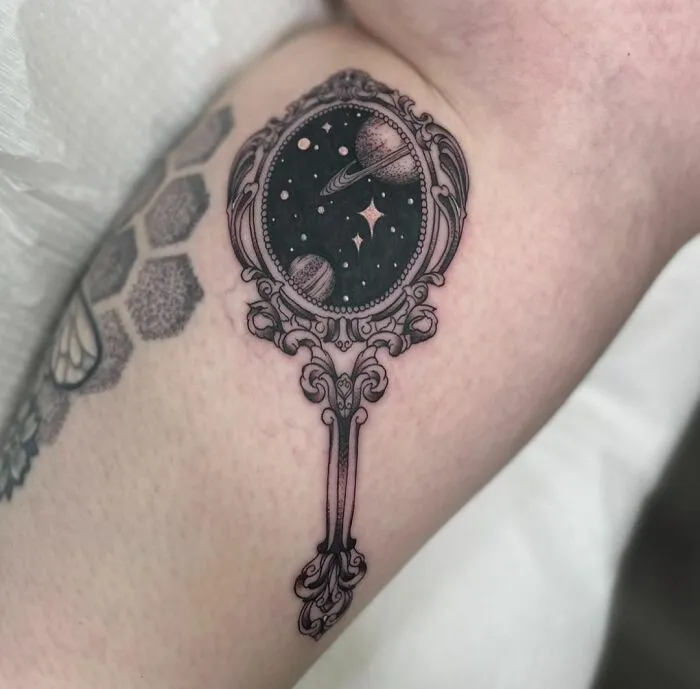 Vintage Hand Mirror With A Space Leg Tattoo