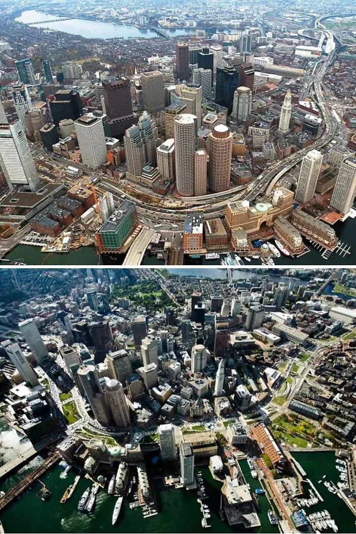 Boston - Elevated Highway Moved Underground, Replaced With Green Space. (1990s V. 2010s)