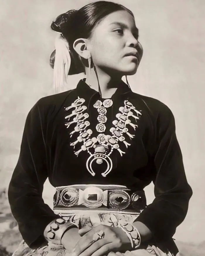 Navajo Girl Wearing Silver And Turquoise Squash Blossom Jewelry, 1950