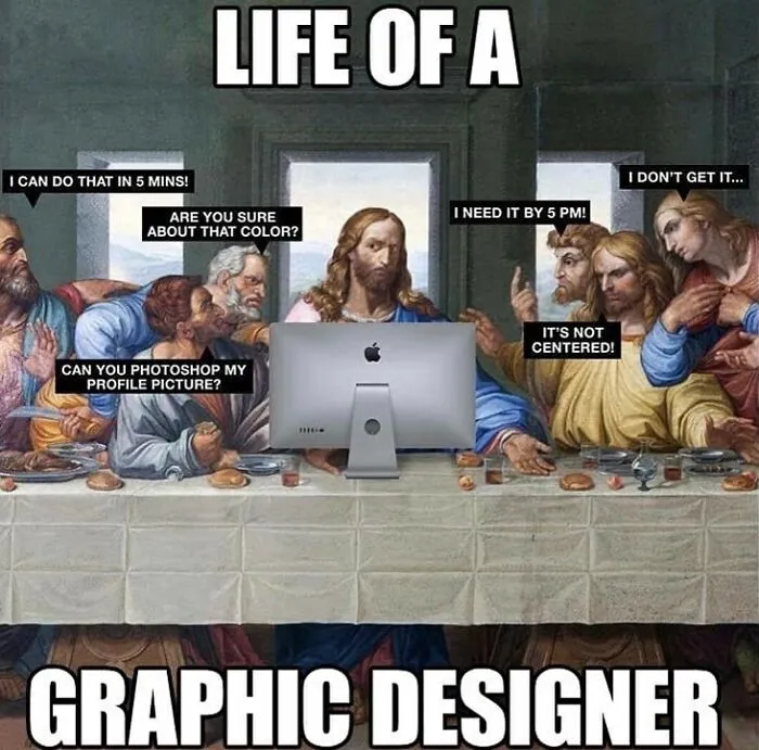 Modern twist on a famous painting with humorous graphic designer memes and text bubbles around a computer.