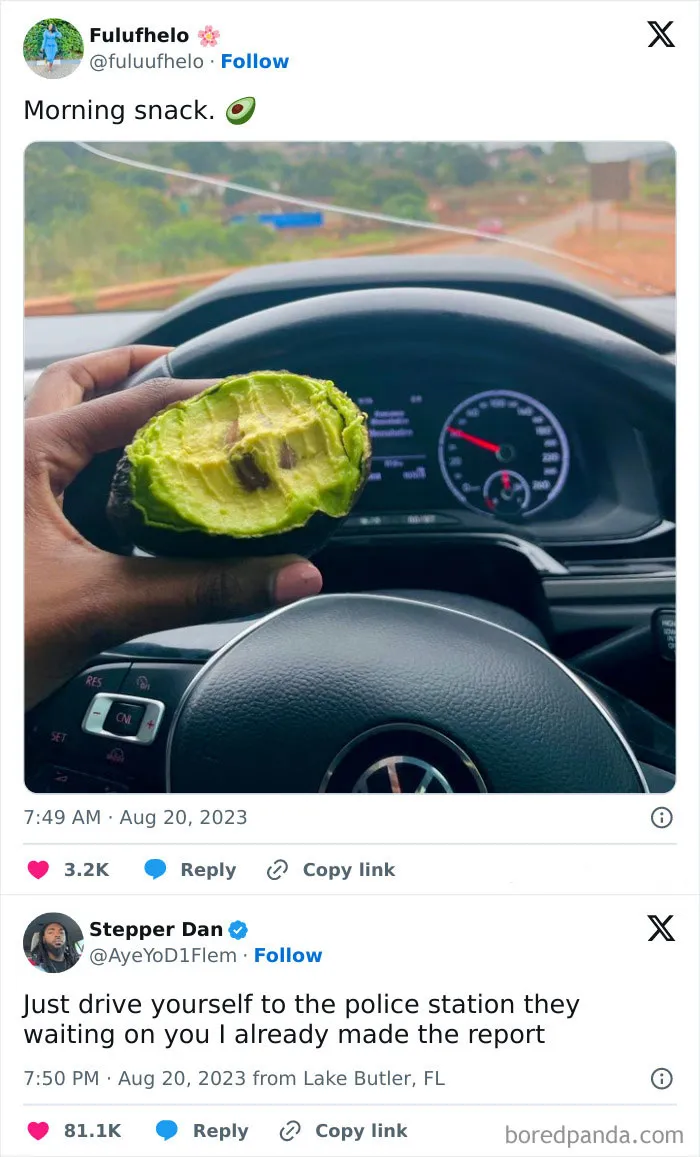 Hand holding a bitten avocado in a car, reflecting a weird meme moment.