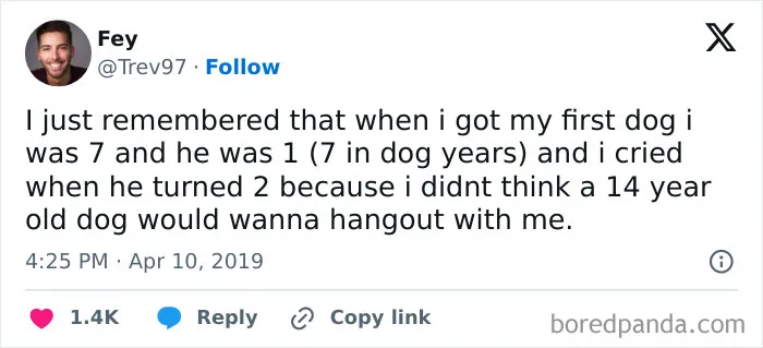 Funny pic of a tweet about a childhood misunderstanding of dog years, bringing humor and nostalgia.