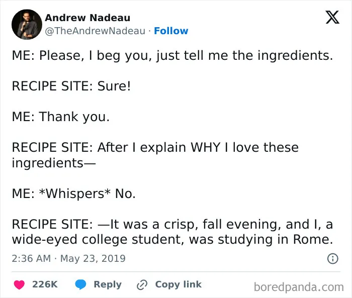 Funny pic of a humorous conversation about recipe sites, highlighting the frustration of long ingredient introductions.