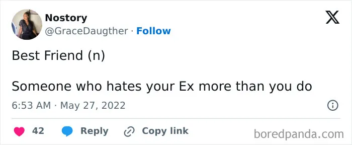 Tweet about friendship meme defining "Best Friend" as someone who dislikes your ex more than you.